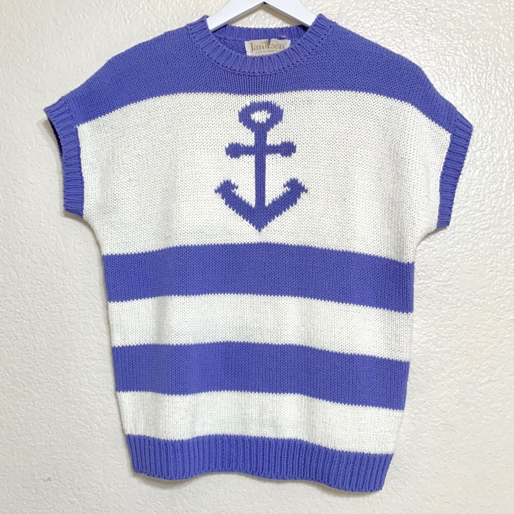 Vintage Nautical Striped Anchor Knit Sweater Top